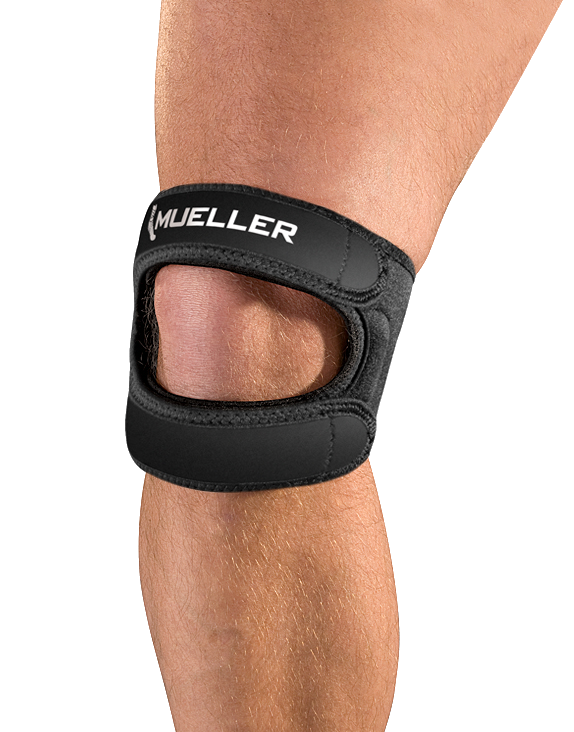 Mueller Adjustable Max Knee Strap 59857 Produkt angezogen am Knie frontal
