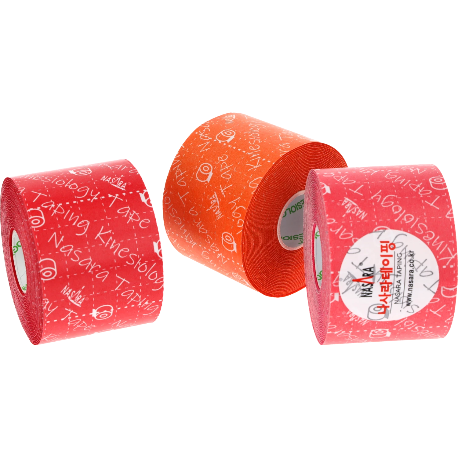 Nasara Kinesiologie Tape 3er-Set Warm Pack Rot-Orange-Pink nebeneinander stehend