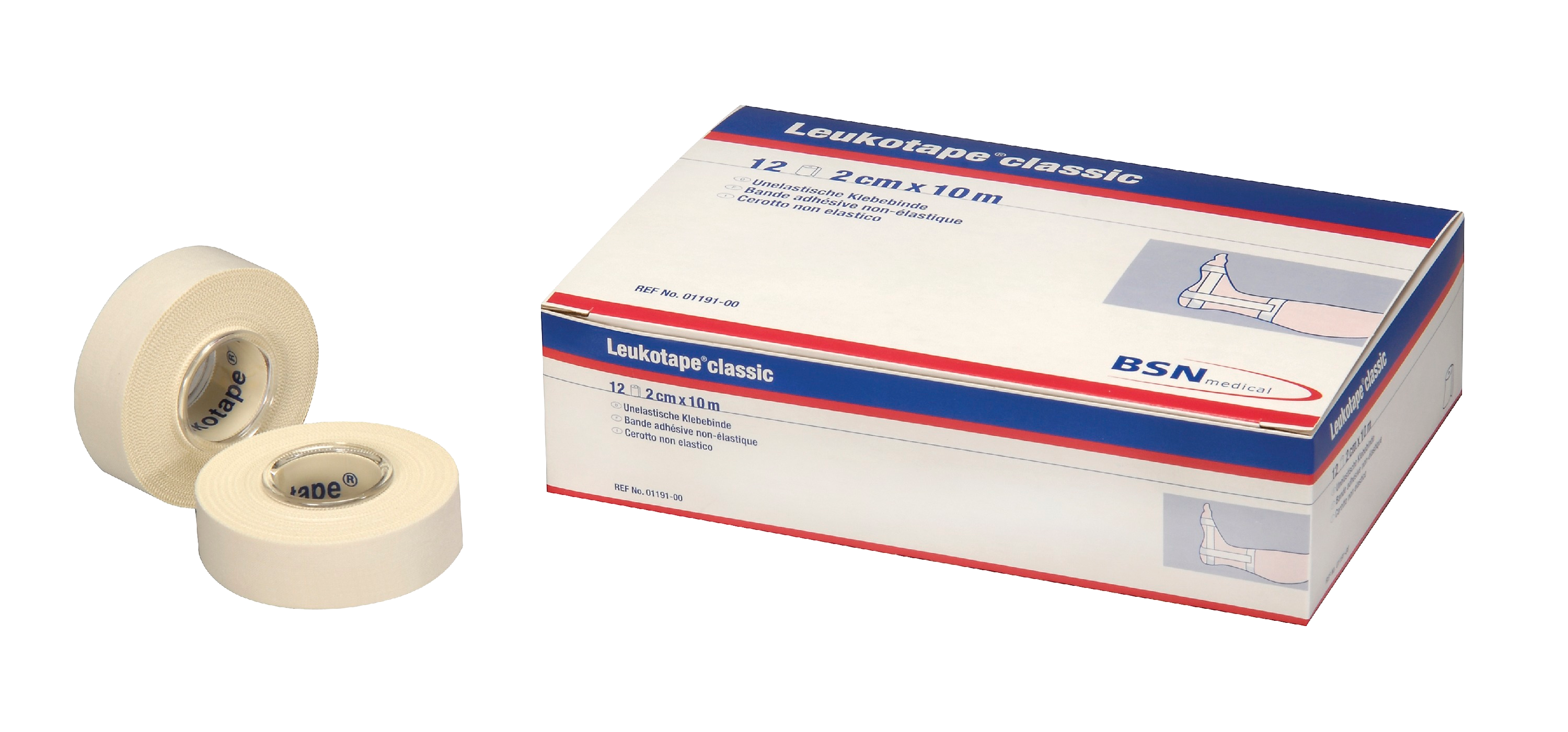BSN Leukotape 2,0cm 12er Verpackungseinheit mit zwei Einzelrollen davor