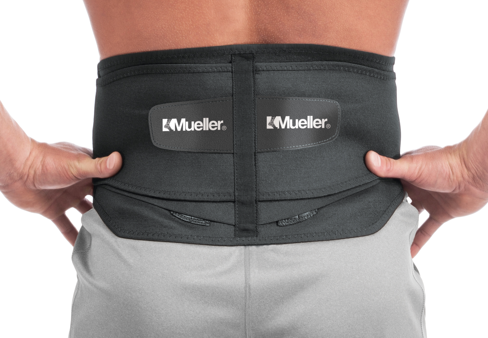 Mueller Rückengurt mit Pelotte Demonstration bei Mann von hinten 255