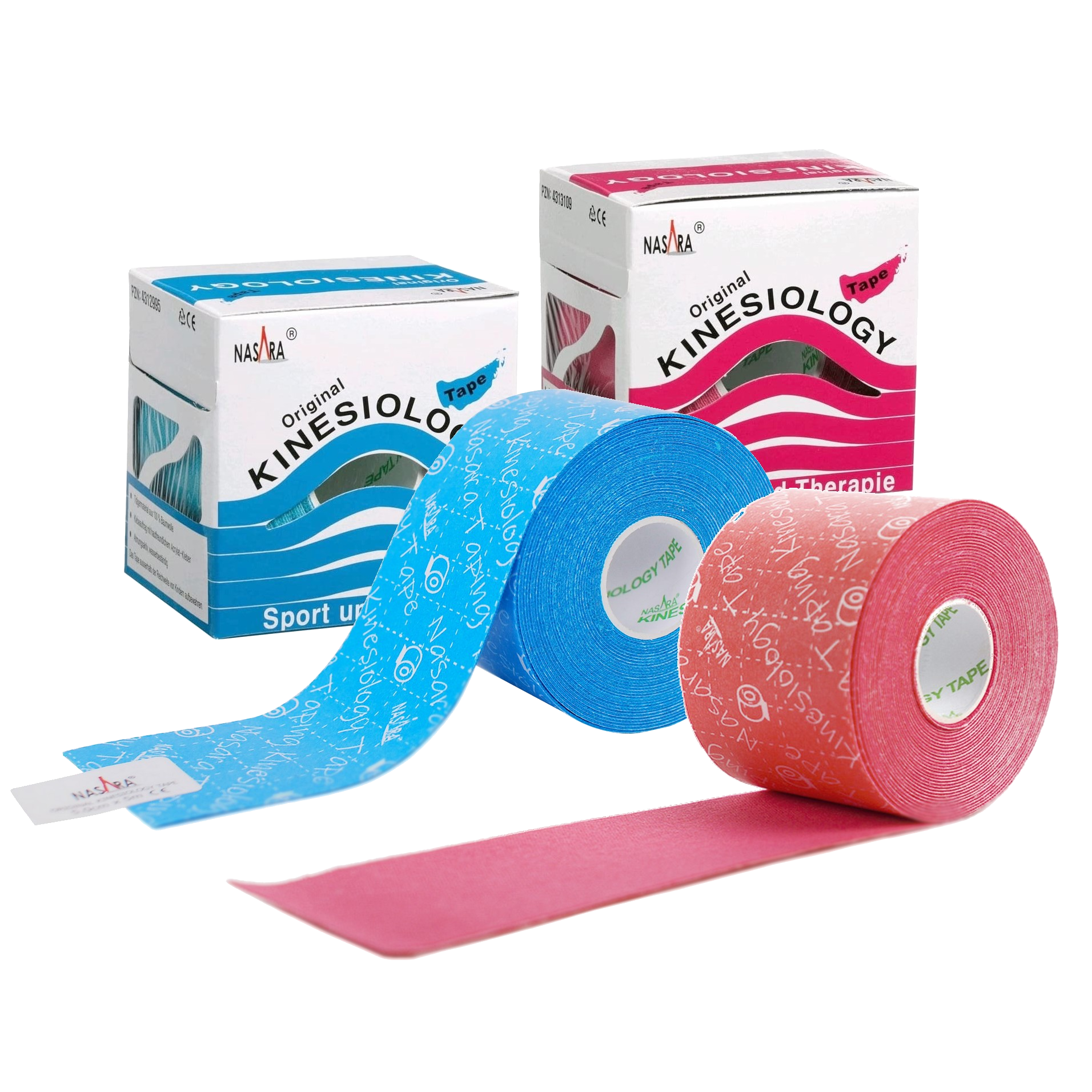 Nasara Kinesiologie Tape 2er-Set Türkis Pink Rollen abegrollt mmit Verpackungen dahinter